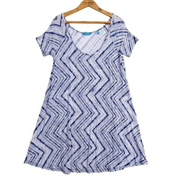 Tori Richard Hawaii Dress Size S Blue White Print Scoop Neck Swing Stretch Rayon - Picture 1 of 9